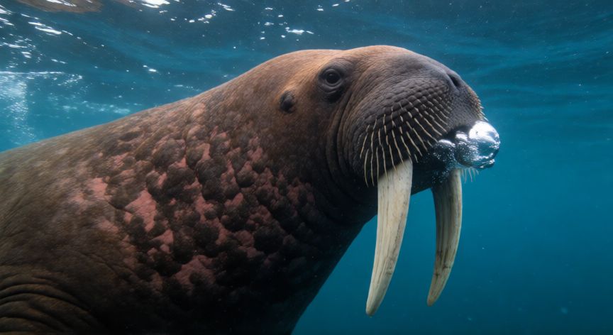 que animal que nunca duerme, Buey marino nadando bajo el agua en el océano Ártico mostrando su resistencia