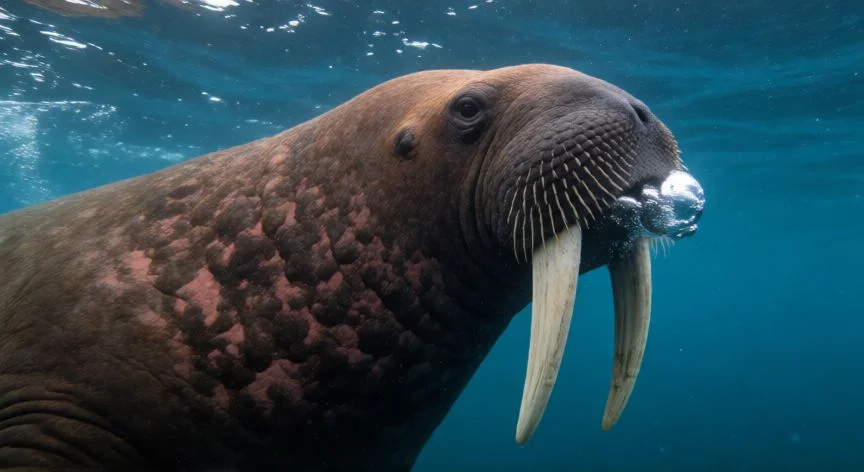 Buey marino nadando bajo el agua en el océano Ártico mostrando su resistencia