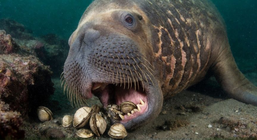 que animal que nunca duerme, Buey marino alimentándose de moluscos en el fondo marino con sus potentes mandíbulas