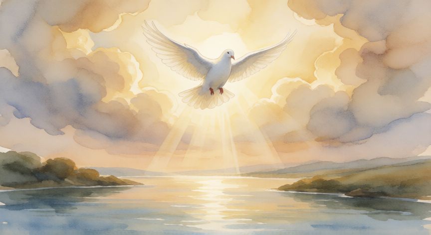 Paloma blanca descendiendo de nubes doradas sobre un río al amanecer, símbolo del Espíritu Santo en la tradición cristiana