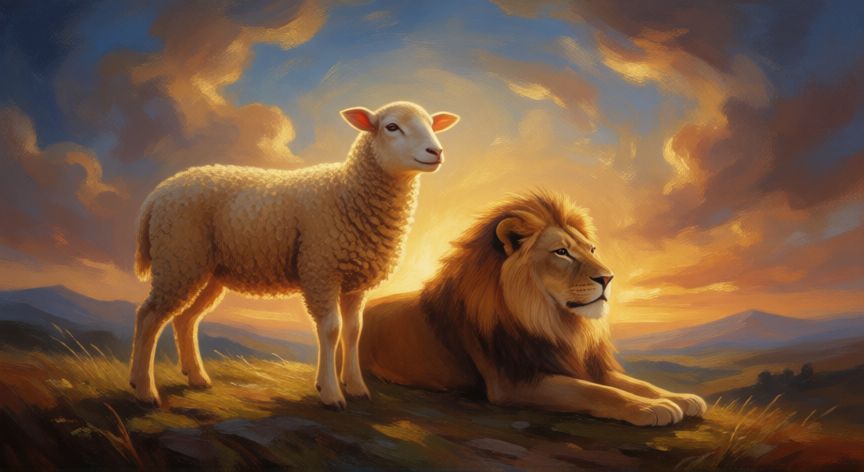 que animal que representa a dios, Cordero dorado y león majestuoso en una colina al amanecer, símbolos de Cristo como víctima y rey eterno