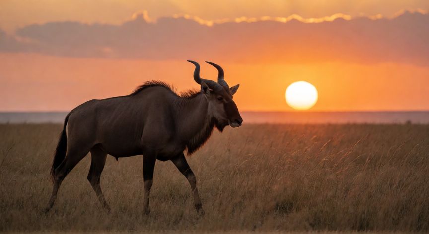 qué animal que tiene dos letras, Ñu caminando por la sabana africana al atardecer