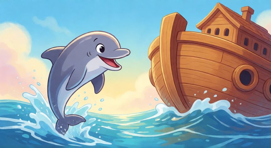 que animal quedo fuera del arca de noe, Delfín saltando junto al Arca de Noé en una ilustración de cuento