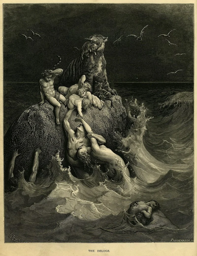 que animal quedo fuera del arca de noe, El Diluvio universal, grabado de Gustave Doré, con aves sobrevolando las aguas
