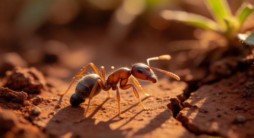 que animal quema la piel, Hormiga de fuego Solenopsis invicta en primer plano sobre tierra seca, responsable de la sensación de quemadura en la piel
