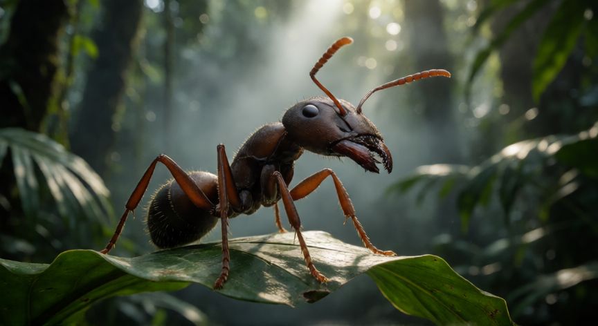 que animal quema la piel, Hormiga bala Paraponera clavata sobre una hoja tropical en la selva amazónica, conocida por la picadura más dolorosa del mundo