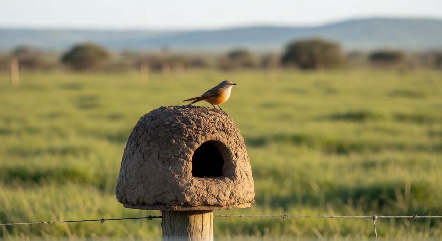 Hornero, ave nacional de Argentina, en su nido de barro sobre una cerca de alambre en la pampa