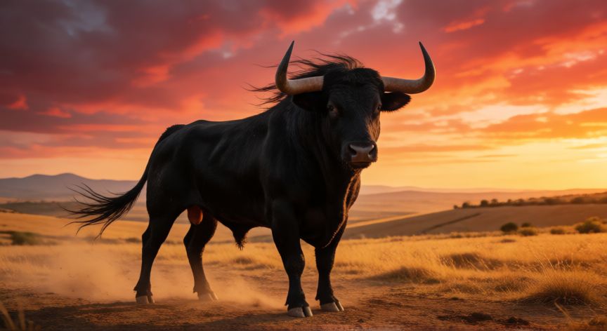 Toro ibérico de perfil en una meseta española al atardecer, símbolo cultural de España