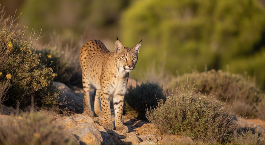 que animal representa a españa, Lince ibérico en su hábitat natural de la meseta andaluza, símbolo de la conservación de la fauna española
