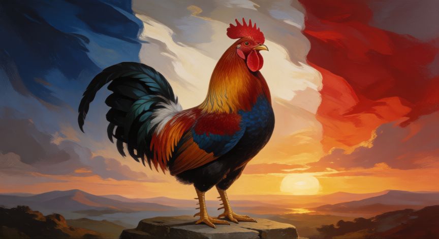 Gallo galo de plumaje rojo y dorado al amanecer, símbolo nacional de Francia