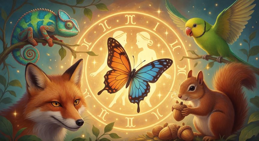 que animal representa a geminis, Animales espirituales de Géminis: mariposa, camaleón, zorro, loro y ardilla en composición mística