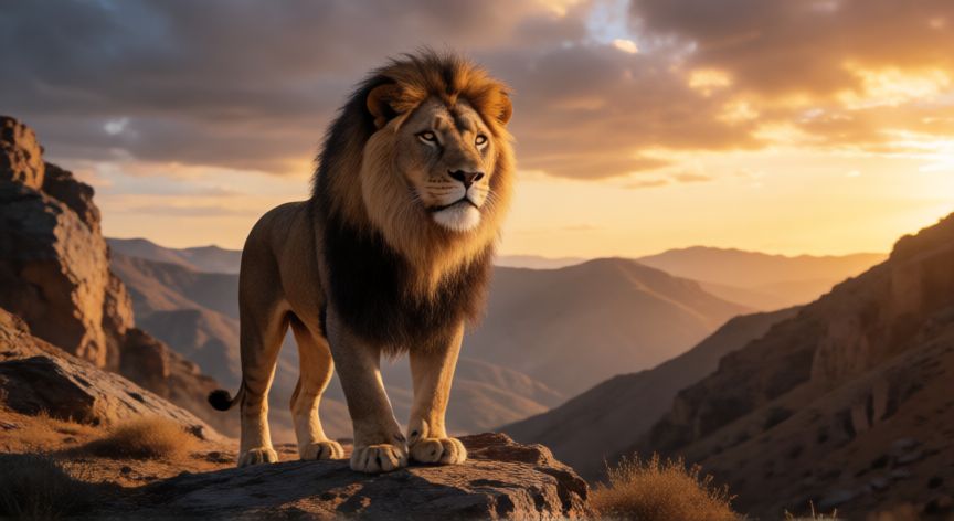 que animal representa a marruecos, León del Atlas en las montañas de Marruecos al atardecer
