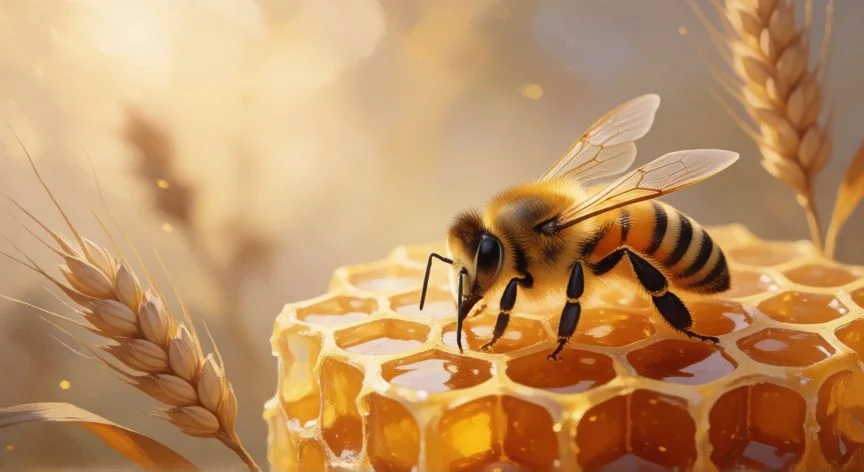 Abeja sobre espiga de trigo en campo al atardecer, símbolo de Virgo