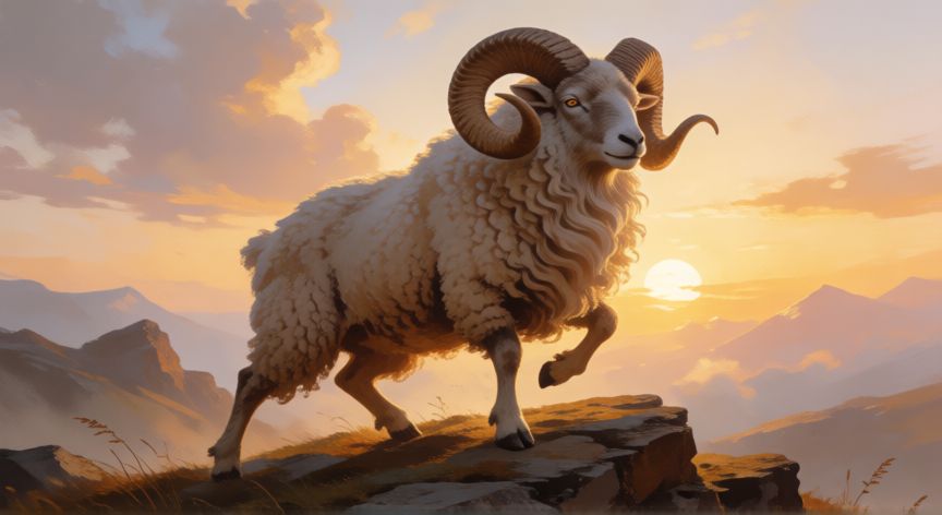 Carnero con cuernos curvados al amanecer, animal que representa al signo de Aries