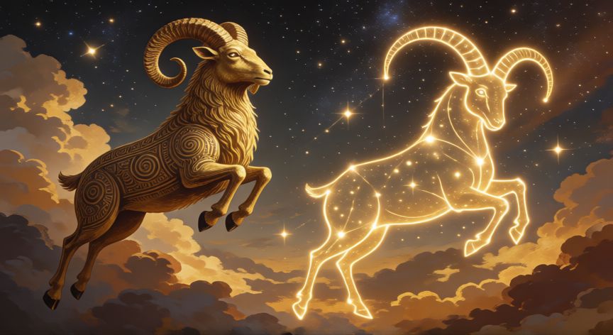 que animal representa aries, Carnero de oro entre las estrellas en el cielo, representación mítica del signo Aries
