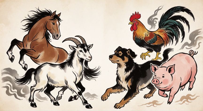 que animal representa cada signo del zodiaco, Animales del zodiaco chino segundo grupo en pintura tradicional