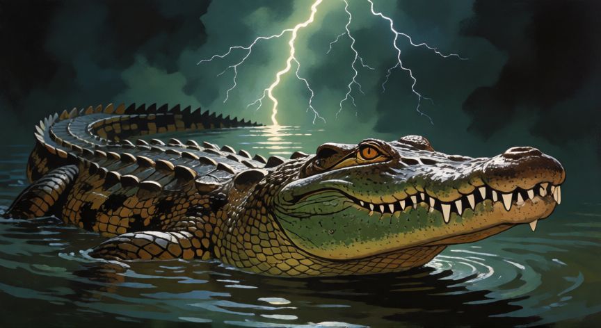 que animal representa xango, Cocodrilo emergiendo del agua con relampagos en el cielo