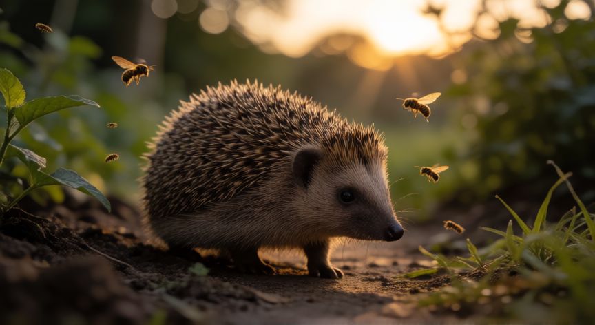 que animal se come las avispas, Erizo caminando por un jardín al atardecer rodeado de insectos