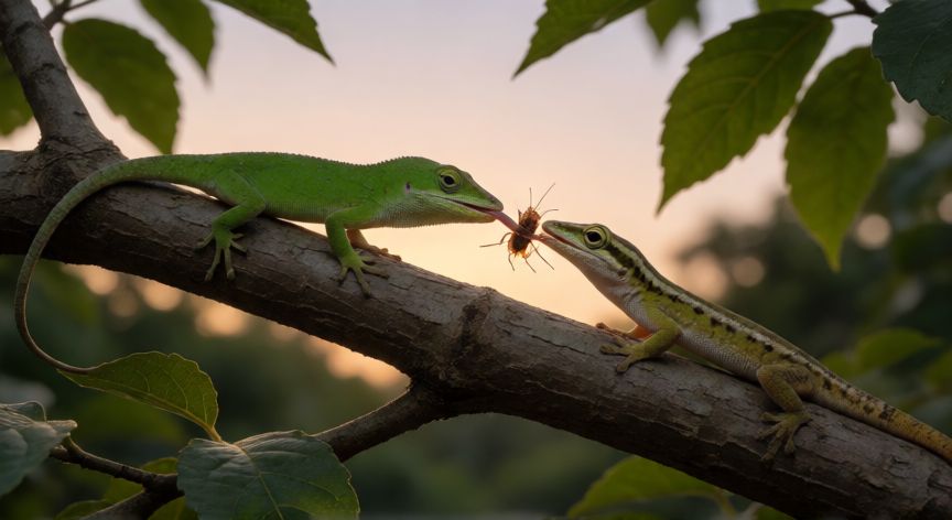que animal se come las cucarachas, Lagartija atropando una cucaracha con su lengua pegajosa en una rama de árbol