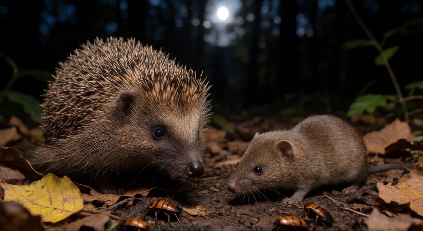 que animal se come las cucarachas, Erizo europeo y musaraña cazando cucarachas en el suelo del bosque de noche