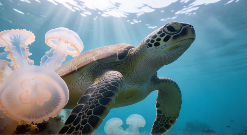que animal se come las medusas, Tortuga marina nadando cerca de un enjambre de medusas en aguas cristalinas del océano