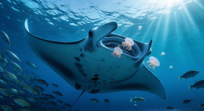 que animal se come las medusas, Manta raya cebra alimentándose de plancton y pequeñas medusas en aguas profundas del océano