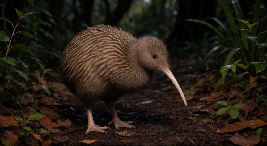 que animal se llama kiwi, Ave kiwi terrestre en un bosque de Nueva Zelanda
