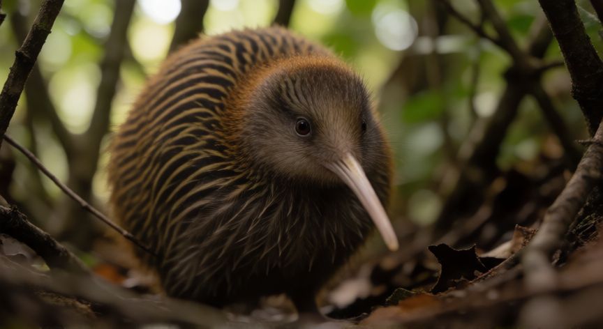 que animal se llama kiwi, Detalle de un kiwi entre la vegetación de un bosque