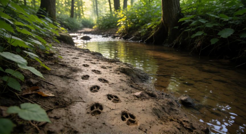 que animal seria, Huellas de animales en el suelo junto a un arroyo del bosque usado como pista para identificar la especie