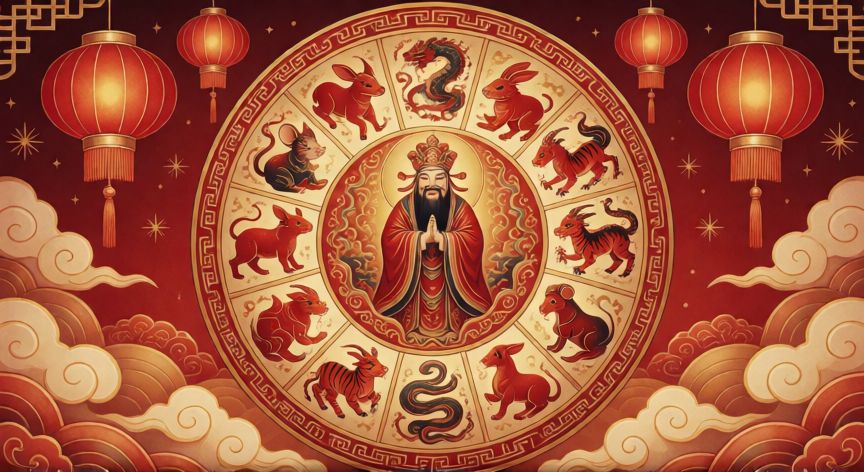 Rueda de los doce animales del zodiaco chino pintada en estilo tradicional rojo y dorado