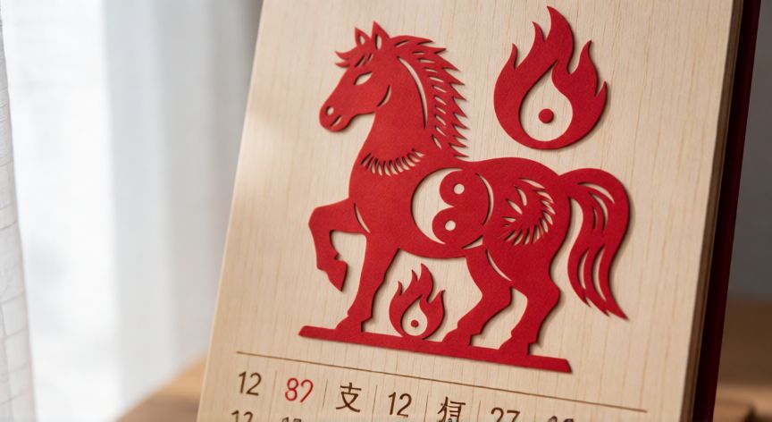 que animal soy, Calendario chino con el animal del Caballo y símbolos del elemento fuego y yin yang