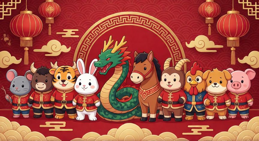 Los doce animales del zodiaco chino en fila sobre fondo festivo rojo y dorado