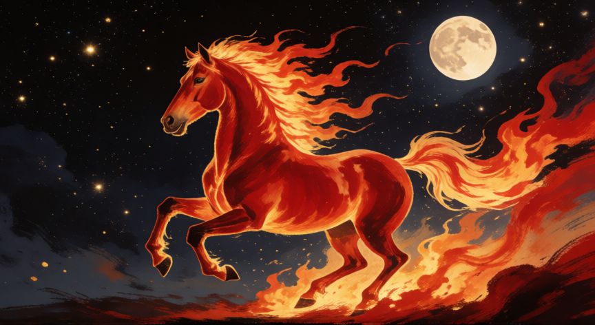 que animal soy en el calendario chino, Caballo de fuego galopando bajo la luna en estilo de pintura china tradicional