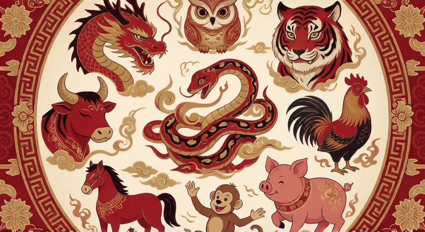 Los 12 animales del zodiaco chino dispuestos en un diseño circular tradicional