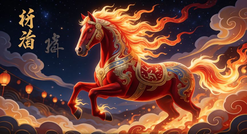 que animal soy en el horóscopo chino, Caballo de fuego del zodiaco chino para el año 2026 bajo un cielo estrellado