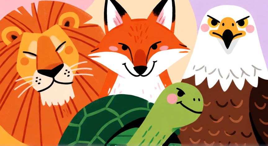 que animal soy test, Ilustración de animales que representan arquetipos de personalidad como león, zorro, tortuga y águila