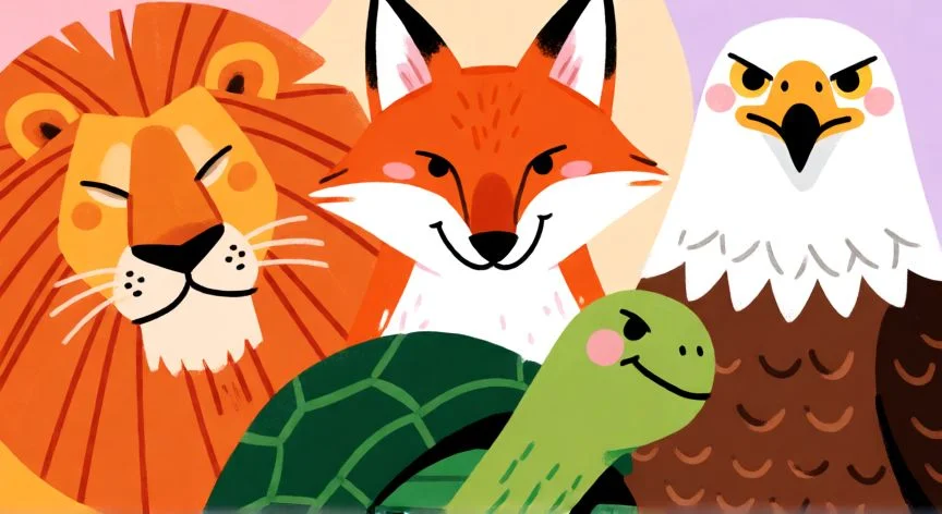 Lion, fox, sea turtle and owl in a natural wildlife scene representing personality archetypes