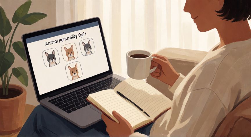 que animal soy test, Persona reflexionando frente a un portátil haciendo un test de personalidad animal en un ambiente acogedor