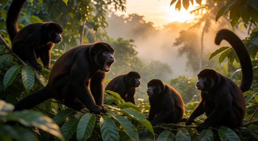 qué animal suena, Mono aullador en la selva emitiendo su potente grito al amanecer con la boca abierta entre hojas verdes