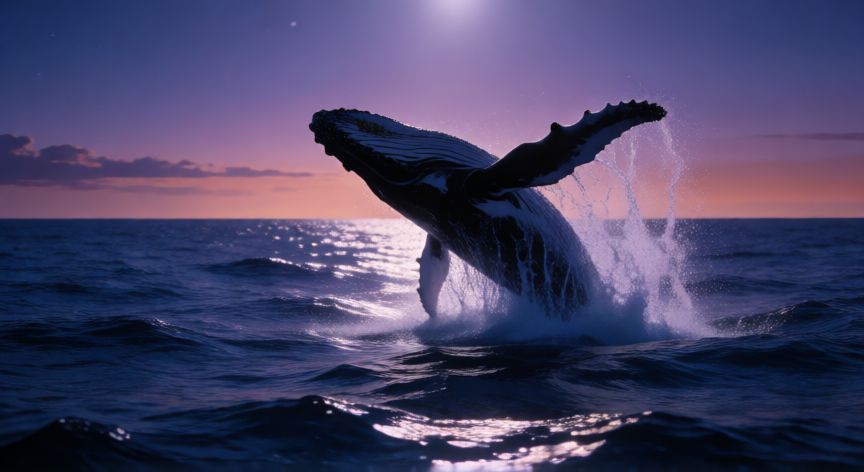 qué animal suena, Ballena jorobada emergiendo del océano al atardecer rompiendo la superficie del mar bajo la luz de la luna