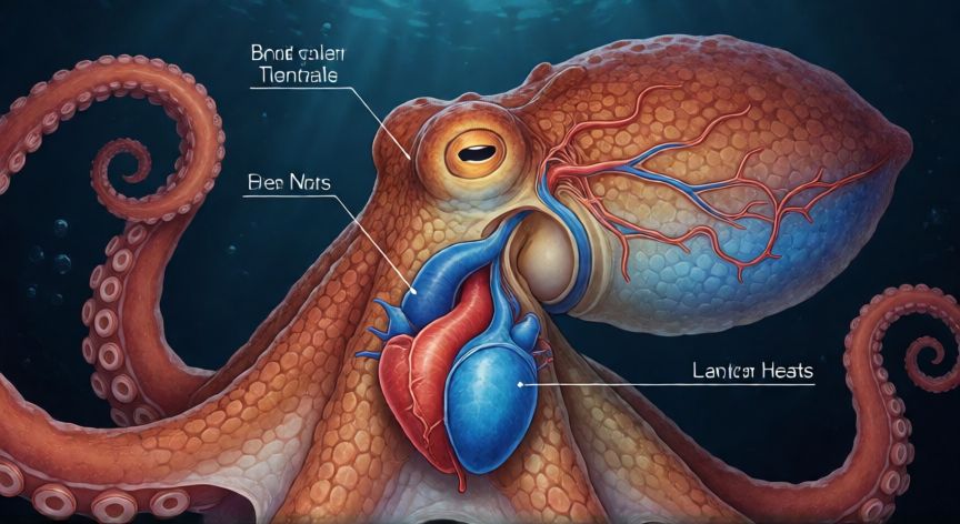 Diagrama anatómico del pulpo mostrando sus tres corazones