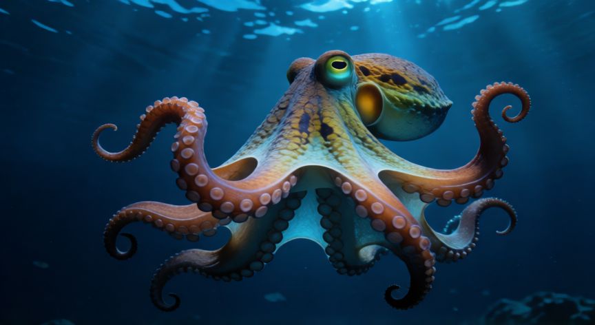 que animal tiene 3 corazones, Pulpo nadando en el océano con su sistema circulatorio visible