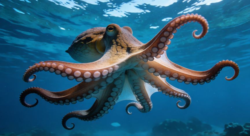 que animal tiene 8 corazones, Pulpo nadando en el océano mostrando su agilidad física