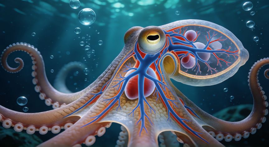 Anatomía de un pulpo mostrando su corazón principal y dos corazones branquiales auxiliares