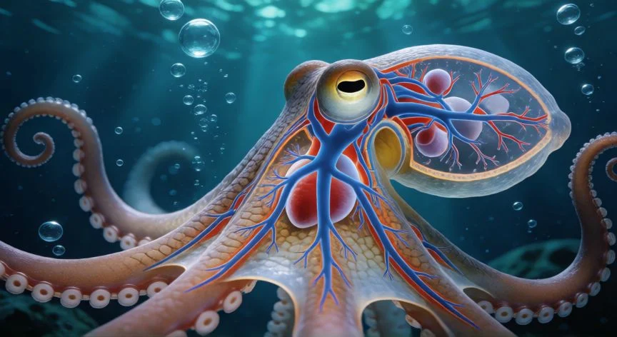 Anatomía de un pulpo mostrando su corazón principal y dos corazones branquiales auxiliares