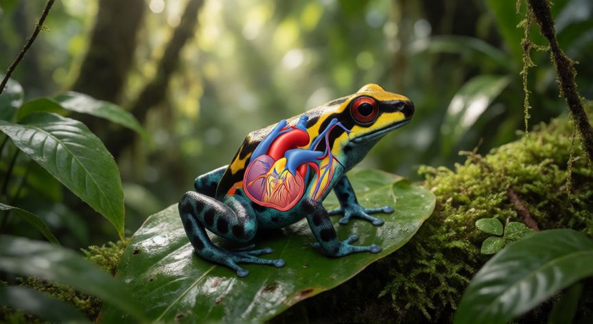 que animal tiene dos corazones, Salamandra atajadora con esquema de su doble función cardíaca en su hábitat natural