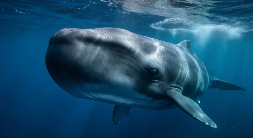que animal tiene el cerebro mas grande, Cachalote nadando en el océano con su enorme cabeza que contiene el cerebro más grande del reino animal