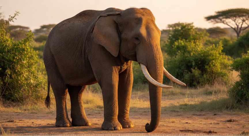 que animal tiene el cerebro mas grande, Elefante asiático al atardecer en la sabana, el animal terrestre con el cerebro de mayor peso