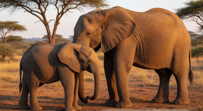 que animal tiene el embarazo más largo, Elefante africano con su cría en la sabana al atardecer