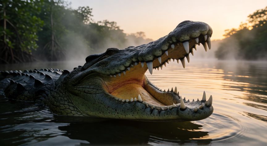 que animal tiene la mordida mas fuerte, Cocodrilo de agua salada abriendo la boca en una laguna tropical al amanecer mostrando su poderosa mandíbula